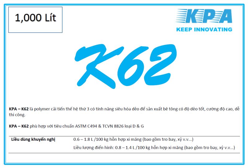 KPA - K62 PHỤ GIA GIẢM NƯỚC VÀ CẢI THIỆN THỜI GIAN ĐÔNG KẾT CHO BÊ TÔNG